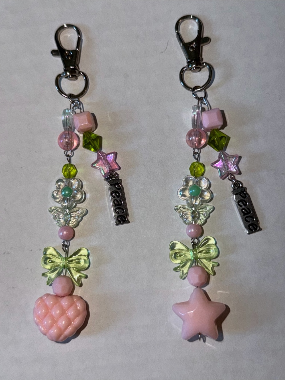 Pink & Light Green Beaded Charm Keychain with Peace charm
